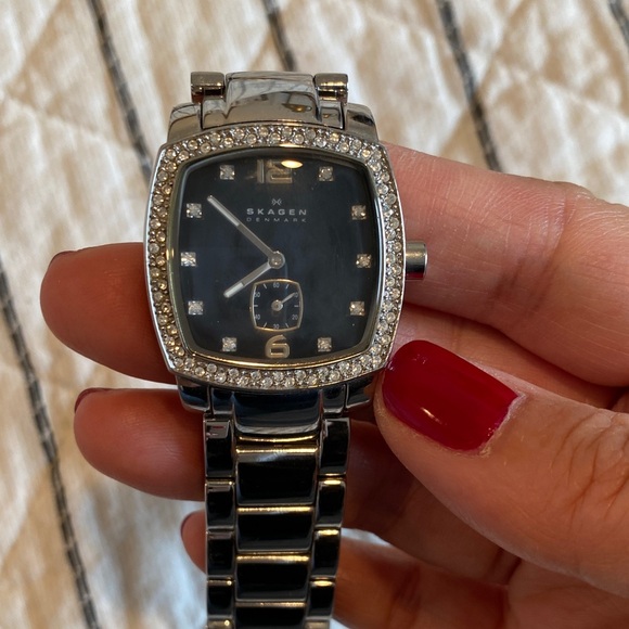 Skagen Silver and Black Square Watch with Crystal Details